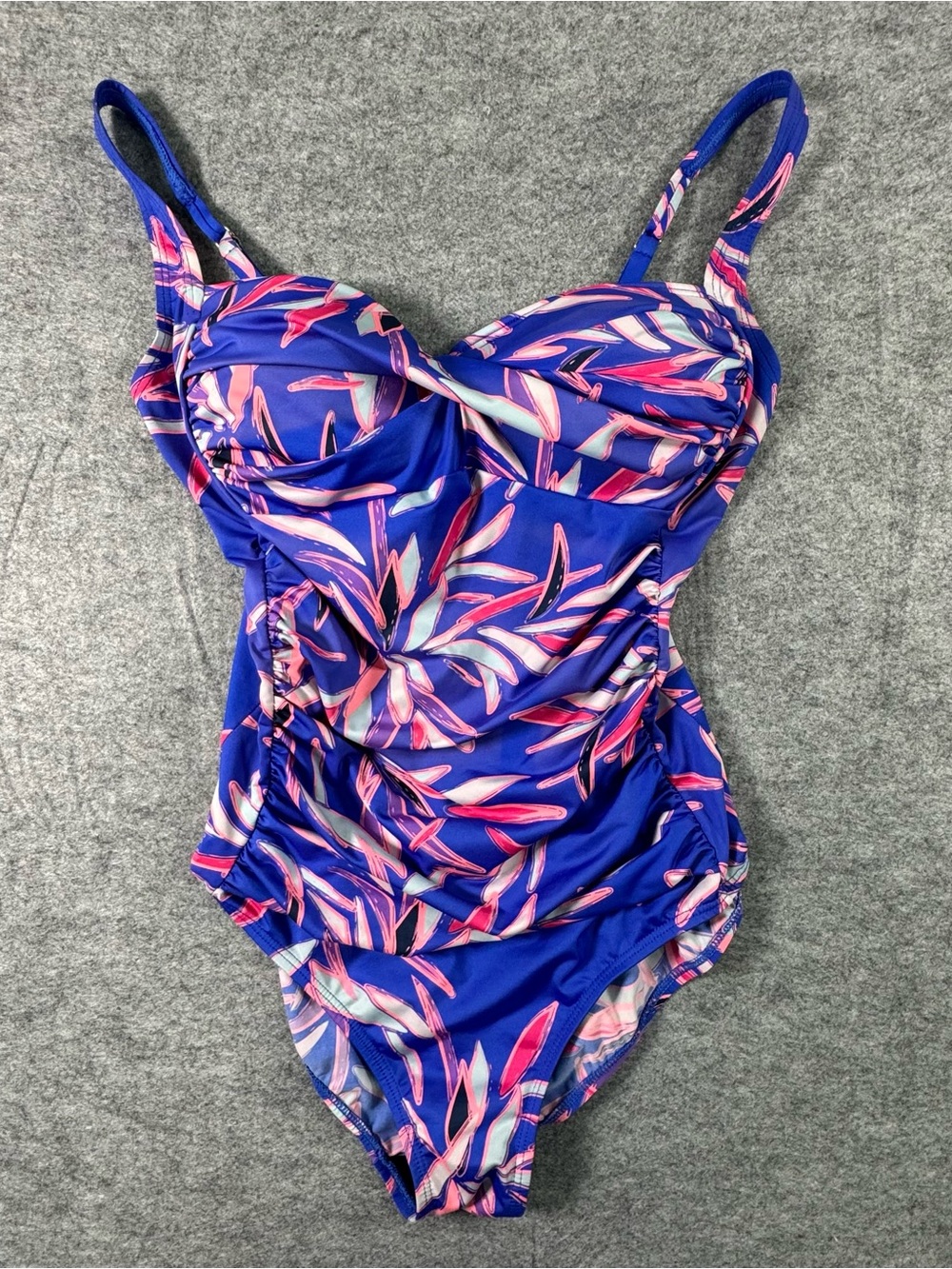 Royal Blue One-Piece Swimsuit with Pink Leaf Print
